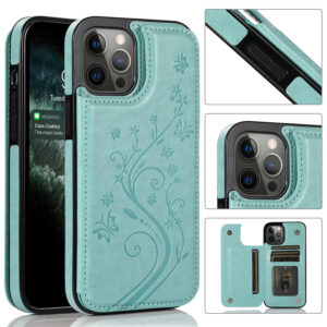 Apple iPhone 12 Pro Max 6.7 Luxury Side Magnetic Button Card ID Holder PU Leather Case Cover - Teal Butterfly (1100450)